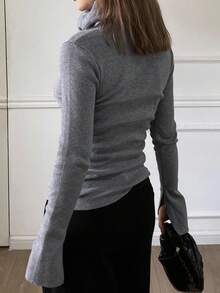 Livesso Suéter de cuello alto de manga larga, de unicolor y ajustado, minimalista, adecuado para el otoño - Gris - Ver 2