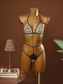 Bare Chapter 2pcs Leopard Print Lingerie Set, Comfortable Halter Tie Strap Sexy 3-Piece Outfit ClassicAnimalPrint - Multicolor - View 1