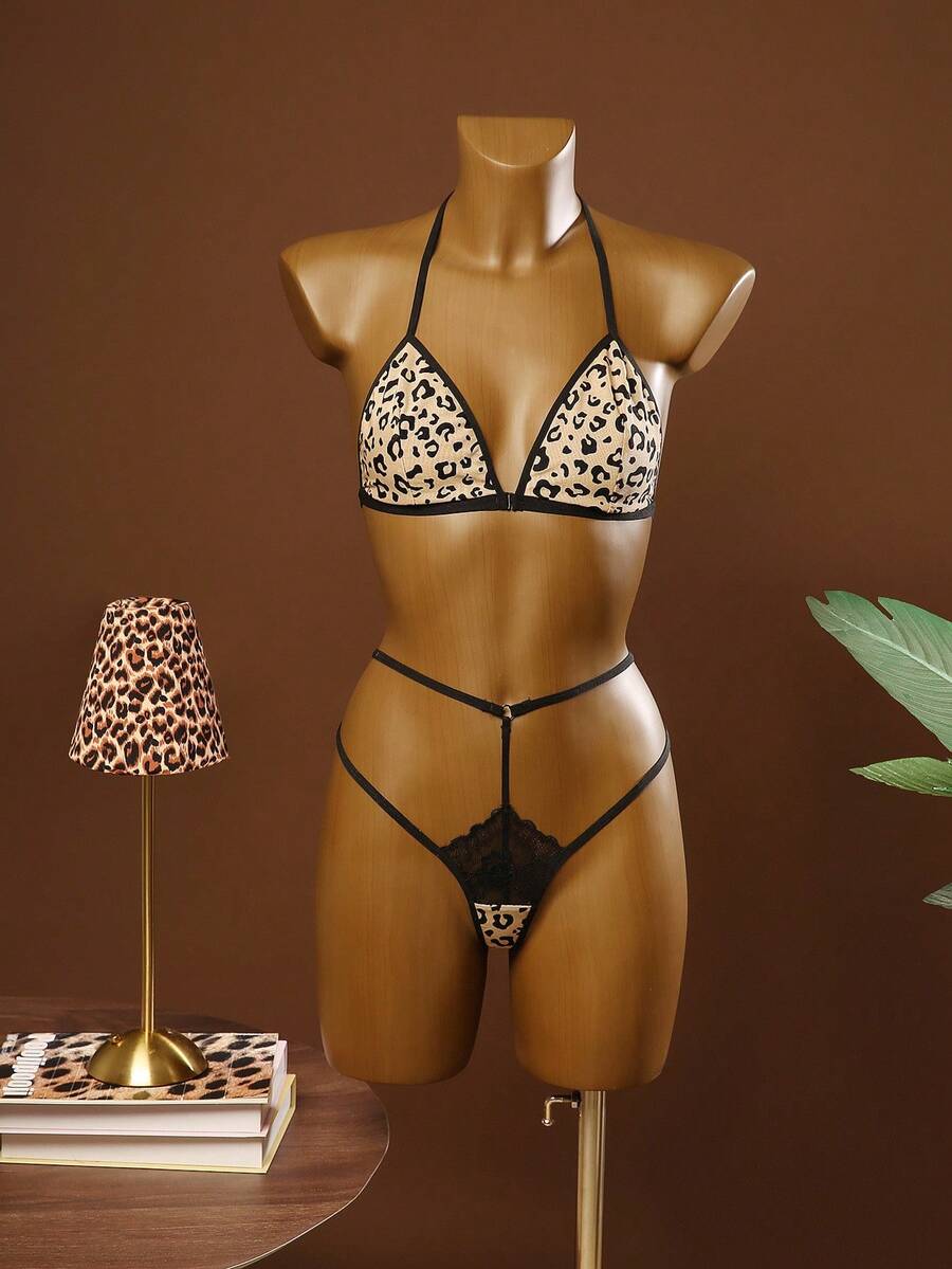 Bare Chapter 2pcs Leopard Print Lingerie Set, Comfortable Halter Tie Strap Sexy 3-Piece Outfit ClassicAnimalPrint - Multicolor - View 1