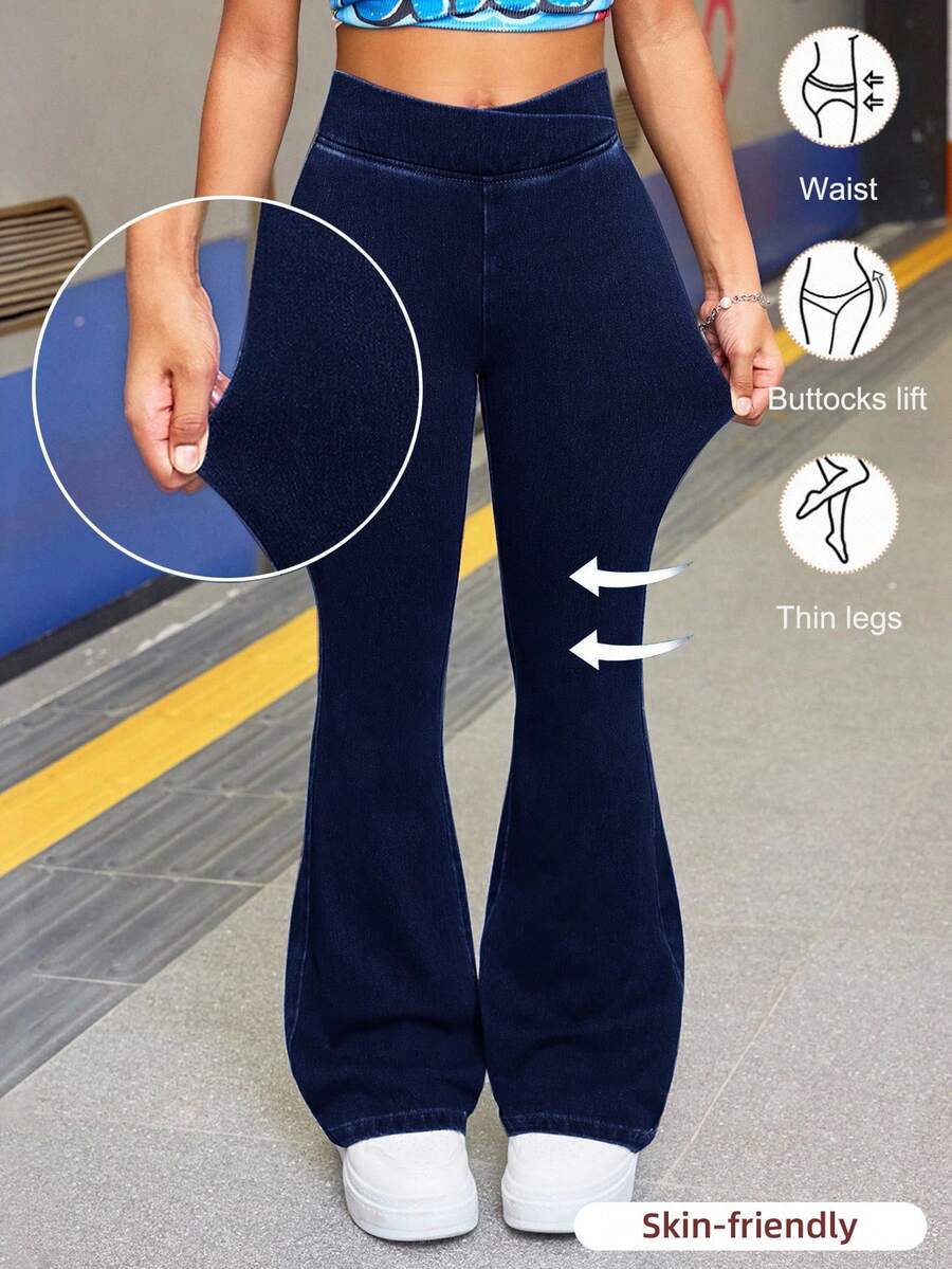 SHEIN Teen Girl Fashion Casual Blue Denim Daily Exercise Basics Stretch Slim Flared Jeans For Girls Soft Dailywear And The Four Seasonsr Teen Girl Clothes - Dark Wash - View 1