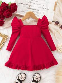 Đầm bé gái tay dài màu đỏ cổ vuông, tay lỡ, viền bèo nhún, thích hợp mặc hàng ngày, trong những dịp bình thường, tiệc tùng sang trọng hoặc tiệc sinh nhật, tiệc Giáng sinh - Đỏ - Xem 3