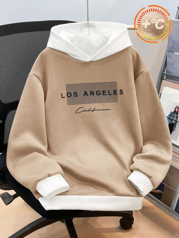 SHEIN Sudadera con capucha casual de retazos y contraste de color para adolescentes varones, gris y azul marino, estampado en inglés, forro de felpa, versátil y de uso diario, otoño/invierno