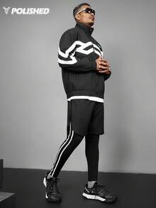 Manfinity Acti Log 男士撞色条纹抽绳腰带二合一运动裤 - 黑色 - 查看 7