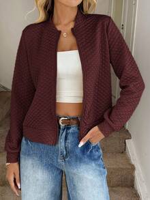 Easowa Quilted Textured Fabric Baseball Jacket, Casual Commute Elegant Outdoor Sports Comfortable Autumn/Winter Women Coat Women Bomber Jacket Quilted Jacket Women Fall Clothes For Women Jackets For Women Casual Summer Jacket For Women - Red - View 3