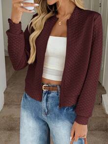 Easowa Quilted Textured Fabric Baseball Jacket, Casual Commute Elegant Outdoor Sports Comfortable Autumn/Winter Women Coat Women Bomber Jacket Quilted Jacket Women Fall Clothes For Women Jackets For Women Casual Summer Jacket For Women - Red - View 5