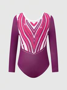 Young Girls Heart Pattern Leotard, Professional Grading Training Competition Gymnastics Outfit, New Long Sleeve Style - Purple - View 4