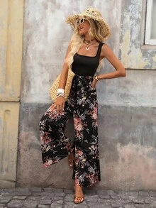 Brillora Floral Print Belted Wide Leg Jumpsuit - Black - View 5