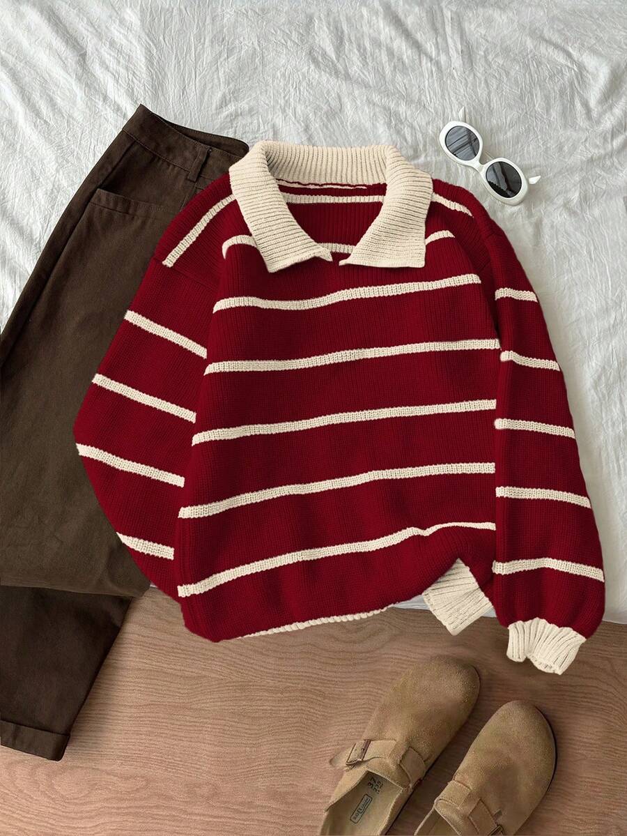 Elamini 女士休闲红白条纹厚针织高领毛衣，秋冬 - 彩色 - 查看 1