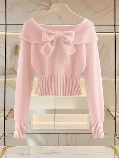 Franclia 女士简约时尚翻领蝴蝶结露肩长袖纯色针织套头毛衣