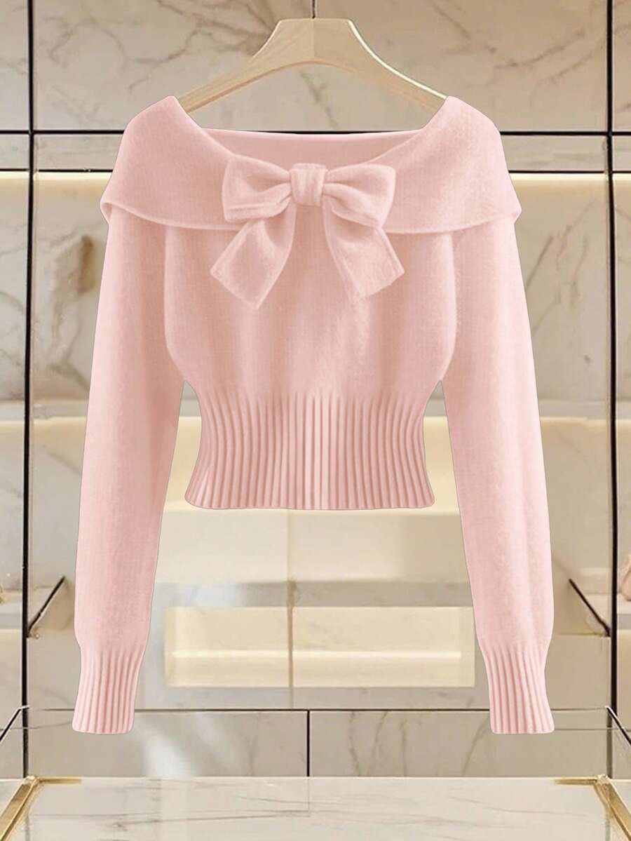 Franclia Suéter de punto de manga larga con hombros abiertos, lazo y unicolor, de moda simple para mujer - Rosa - Ver 1