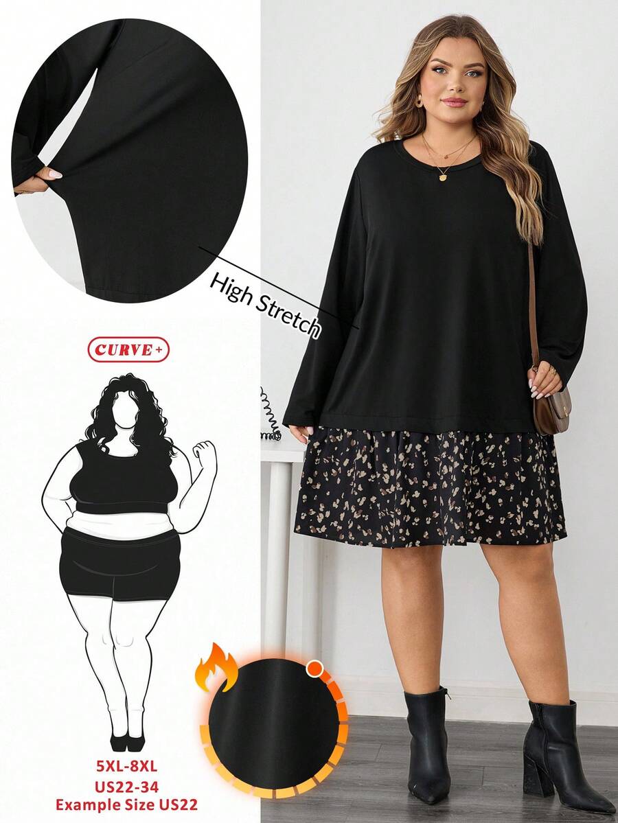 SHEIN CURVE+ 大码女式黑色波尔卡圆点拼接图案侧袋圆领长袖休闲连衣裙，适合感恩节装扮，秋冬 - 彩色 - 查看 1