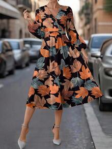 SHEIN Clasi Vintage Maple Leaf V-Neck Long Sleeve Dress For Women, Suitable For Autumn/Winter - Multicolor - View 4