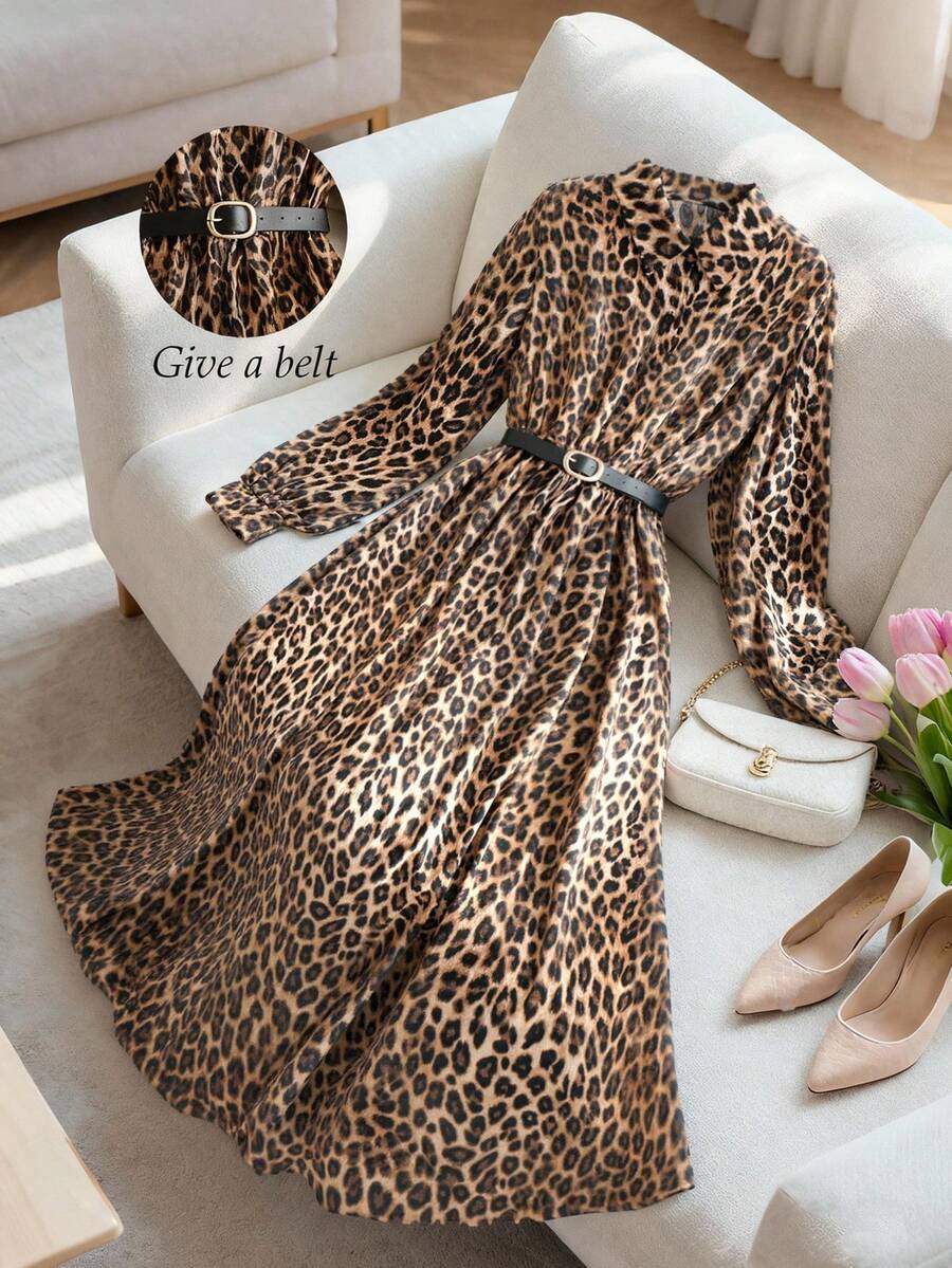 Franclia 女士休闲百搭豹纹连衣裙，配腰带和金属扣，适合春秋季节，棕色豹纹连衣裙，衬衫裙，豹纹连衣裙，秋冬分层连衣裙，休闲女装 - 彩色 - 查看 1