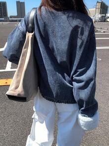 Livesso 女式秋季拼布仿毛领宽松牛仔夹克 - 藍色 - 查看 2