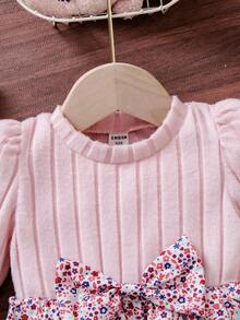 SHEIN Vintaside Kids 女婴休闲碎花长袖罗纹针织连衣裙，秋季 - 粉色 - 查看 5