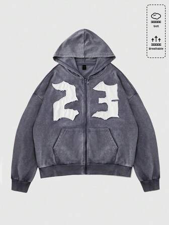 Street Life Men Distressed Number Embroidery Sweatshirt, Streetwear, Fall