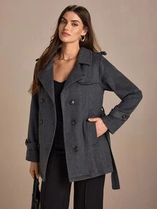 CLARA VERO 纯色、羊绒面料、系腰带、风衣 - 灰色 - 查看 5