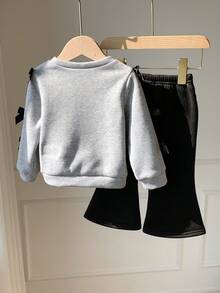 2 Stück Baby Mädchen Set mit Kontrast-Schleife, Langarm Sweatshirt mit Rundhalsausschnitt und schwarze ausgestellte Fleece Hose, geeignet für den Winter - Verschiedenfarbig - Übersicht 9