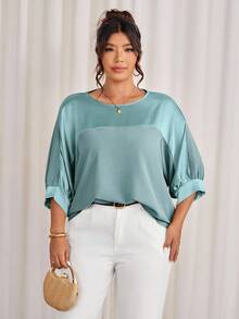 Cravure Áo thun chui đầu tay raglan cổ tròn tay 3/4 vải kim loại chắp vá màu cỡ lớn dành cho đi chơi, đi nghỉ, đi làm, tiệc tùng - Màu xanh ngọc - Xem 3