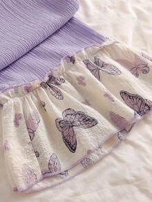 2 Stücke/Set Teenager Mädchen Casual einfarbig Patchwork Schmetterling Muster Langarm Top und Hose Pyjama Set