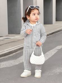 2pcs/Set Casual Outdoor Matching Mother And Baby Girl Hoodie Outfit - Grey - View 3