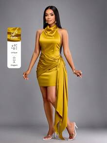 SOLERSUN Women's Mustard Yellow Summer Elegant Sleeveless V-Neck Tie Front Twist Seductive Party Night Halter Neckline Ruched Mini Satin Wedding Guest Dress - Mustard Yellow - View 1