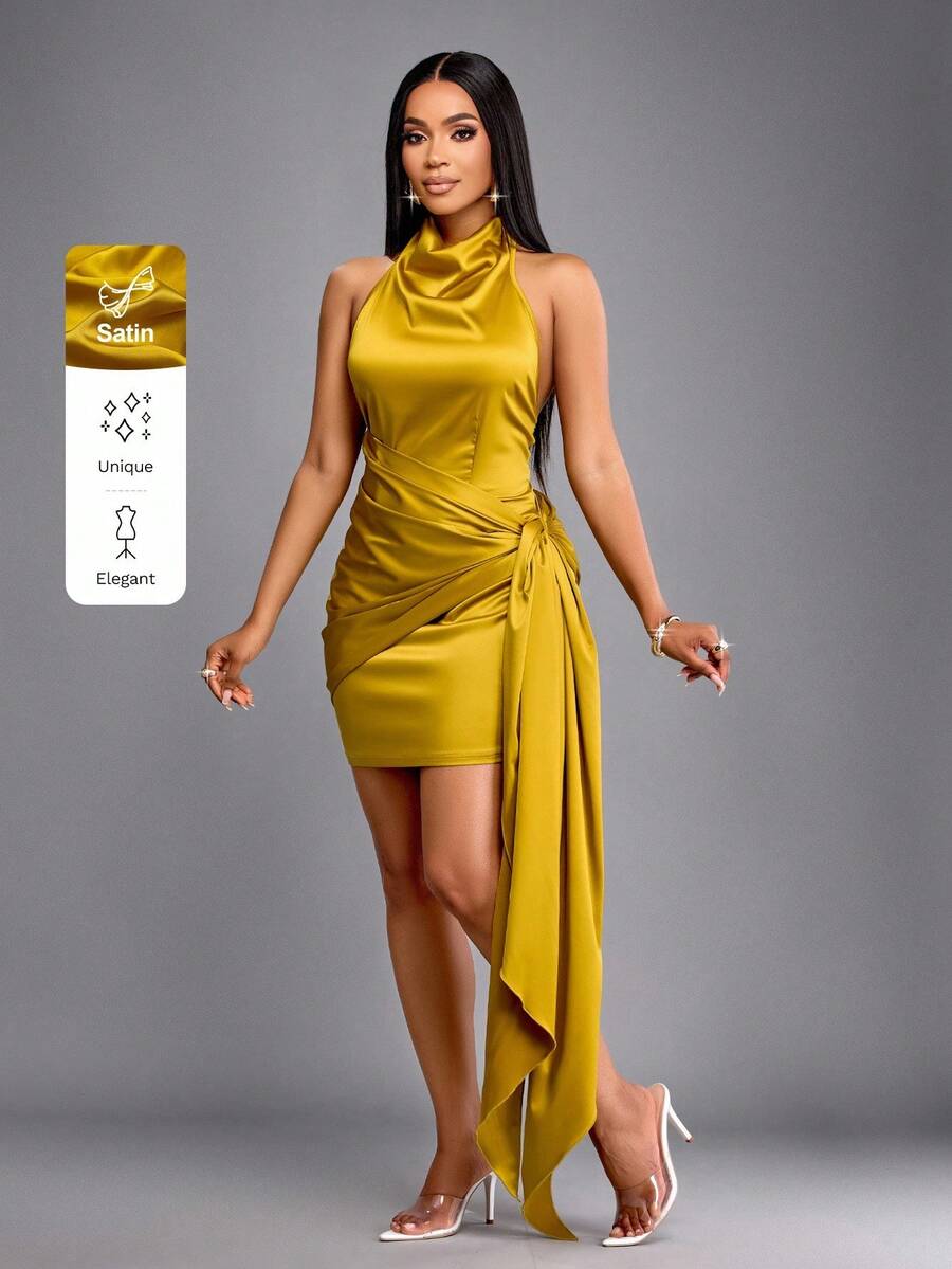 SOLERSUN Women's Mustard Yellow Summer Elegant Sleeveless V-Neck Tie Front Twist Seductive Party Night Halter Neckline Ruched Mini Satin Wedding Guest Dress - Mustard Yellow - View 1