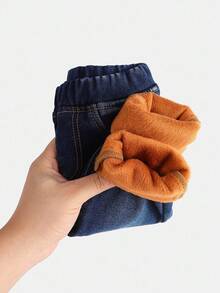 SHEIN Baby Girls' Cute Basic Navy Blue Denim Thermal Lined Elastic Skinny Pants, Autumn/Winter Fall,Fall Clothes,Winter Clothes ,Casual And Fashionable Vacation Outfits - Dark Wash - View 2