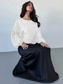 Firerie 女士新款优雅浪漫休闲都市通勤时尚百搭咖啡棕色圆领蝙蝠袖长袖系带X型修身衬衫，适合教师穿着，春夏秋季皆宜 - 白色 - 查看 6