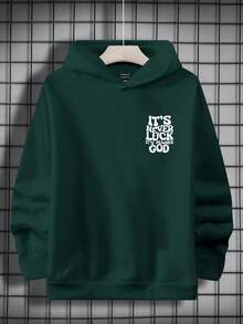 Manfinity Dauomo 男士休闲标语印花长袖连帽卫衣，秋冬 - 墨綠色 - 查看 2