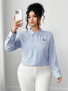 SHEIN Tall CURVE Plus Size Casual/Work Striped Embroidered Detail Shirt - Multicolor - View 1