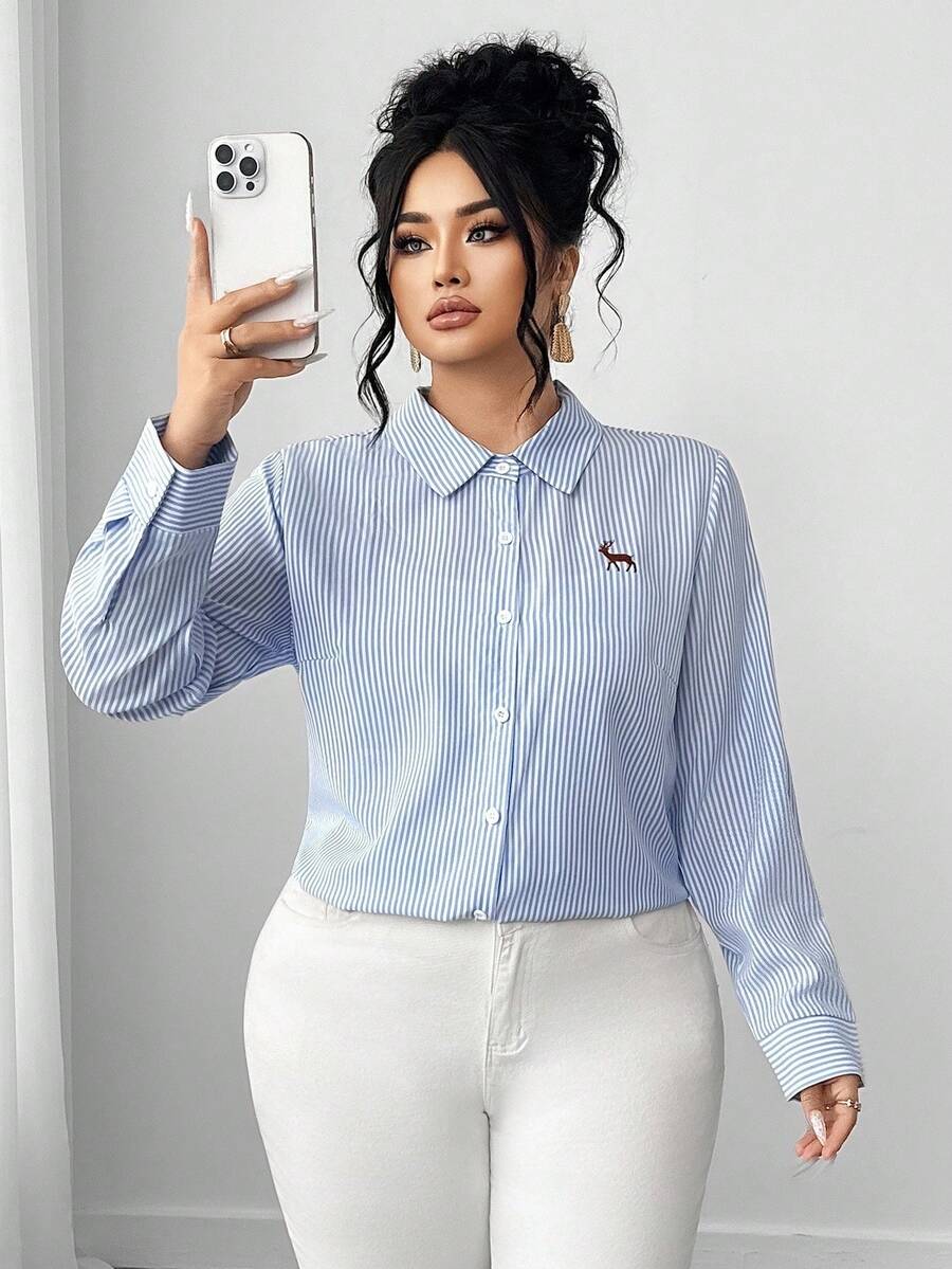 SHEIN Tall CURVE Plus Size Casual/Work Striped Embroidered Detail Shirt - Multicolor - View 1