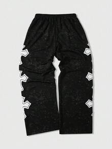 ROMWE MEN Goth Men's Autumn/Winter Embroidered Cross Drawstring Waist Loose Sweatpants - Black - View 2