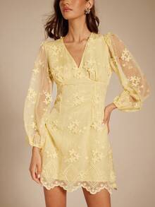 Enchnt Fall/Winter Romantic Women's Yellow 3D Floral Embroidery V-Neck Long Lantern Sleeves Mini Dress - Yellow - View 4
