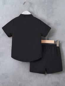 SHEIN 2pcs/Set Young Boy Rose & Letter Print Short Sleeve Shirt And Shorts Set, School, Campus, College - Black - View 2