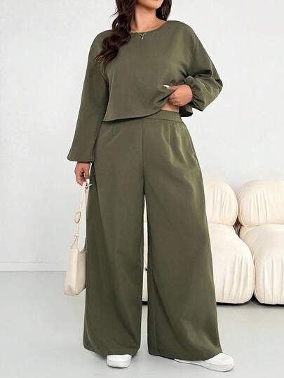 SHEIN Essnce Plus Size Women's Autumn And Winter Fashion Casual Loose Comfortable Daily Simple Military Green Long-Sleeved Shirt And Wide-Leg Two Pieces Set,Fall Outfits,Pants Set,Simple Style