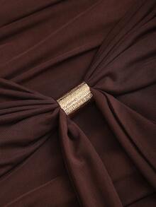 Sweetra Y2K Sexy Ruched Metallic Button Collar Dress - Coffee - View 5