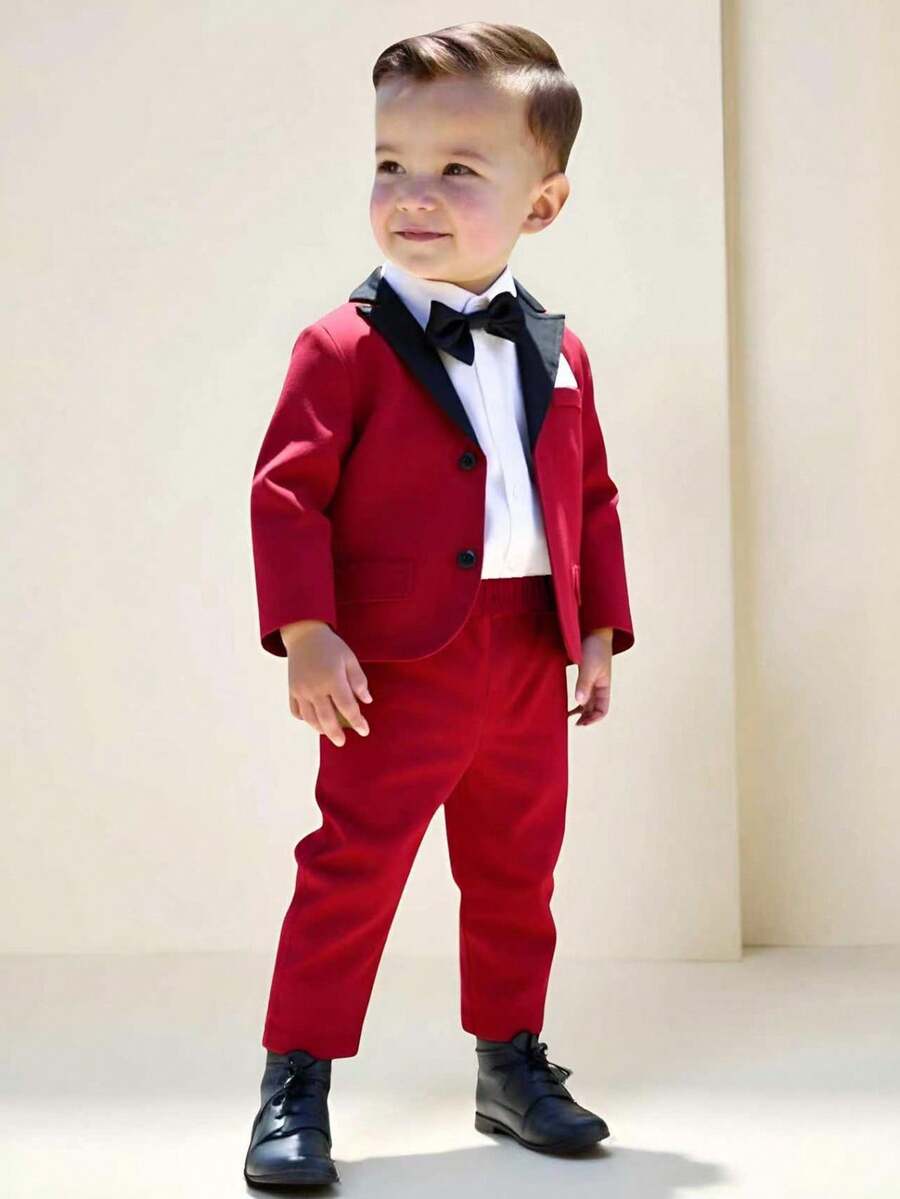 Bộ vest trang trọng 2 món cho bé trai, áo khoác ve áo phối màu có túi giả và quần cạp chun, phù hợp cho bé từ 6 tháng đến 3 tuổi, trang phục trang trọng cho đám cưới, biểu diễn, tiệc tùng, sinh nhật, giáng sinh, tốt nghiệp - Màu Đỏ Sâu - Xem 1
