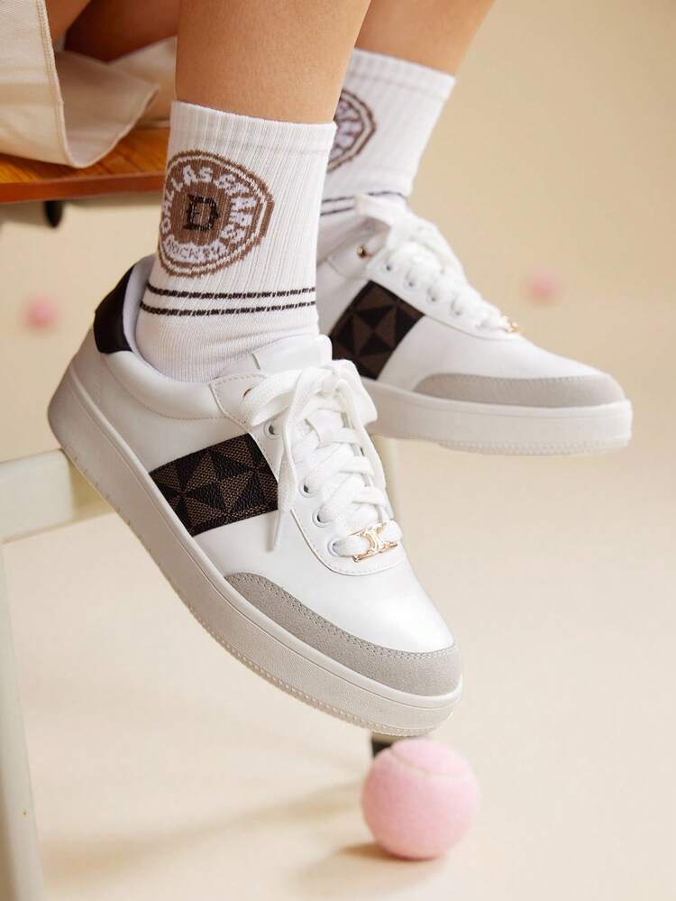 CUCCOO EASI Women's Round Toe Thick Flat Casual Sneakers, Patchwork Design, PU Leather, Brown, Suitable For Casual Wear And Outdoor