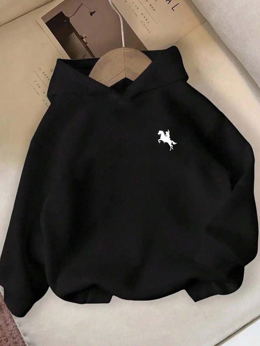 Back To School Teen Girls Casual Horse Graphic Print Black Sweatshirt, Fashionable & Unique, Suitable For All Seasons, Fall Clothes Winter Black Sweatshirt Girls Black Y2k Sweatshirt - Black - View 1