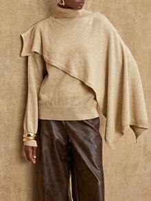 SHEIN Privé VITNOS Beige Women's Turtleneck Sweater & Asymmetrical Cape Two Piece Set,Elegant Autumn Everyday Luxury French Style Cozy Clothes For Party,Holiday - Apricot - View 8