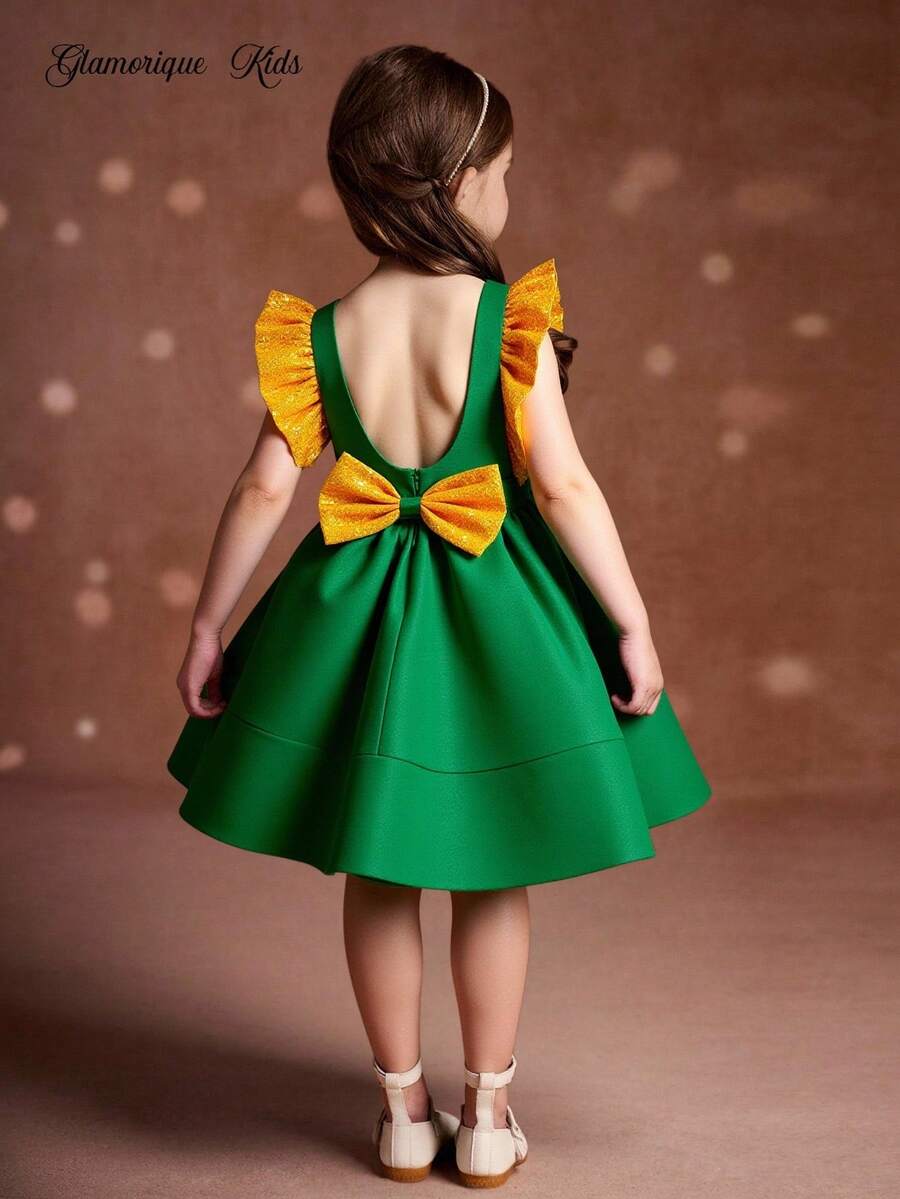 Glamorique Kids Girls Christmas Princess Dress,Sage Green,Summer,Elegant,7th Birthday Party Wear Santa New Year's Dress Satin Gold Sequin Flutter Sleeves Bow Back - Dark Green - View 1