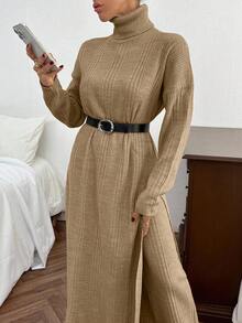 EURMUSE Women Solid Color Rib Knit Turtleneck Slit Detailed Long Sweater Dress & Sweater Pants Set - Camel - View 7