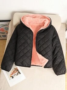 SHEIN Teen Girls' Black Thickened Thermal Lined Stand Collar Short Padded Coat