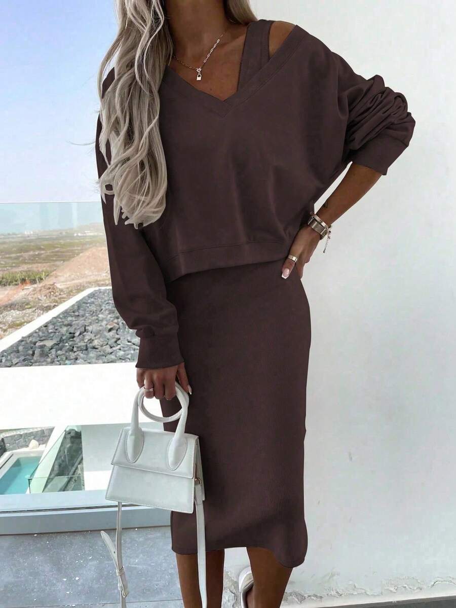 INAWLY 2 件套女士套装：纯色落肩长袖运动衫和无袖连衣裙