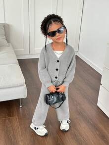 Conjunto de 2 piezas: Cárdigan de unicolor con pantalones ajustados de punto, conjunto de suéter para niñas jóvenes - Gris - Ver 8