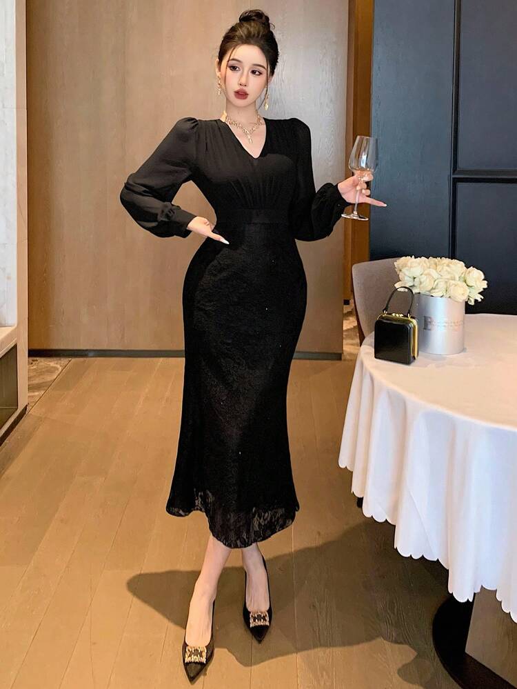 Women's V-Neck Lace Patchwork Waist Fishtail Hem Maxi Elegant Dress Prom Dress