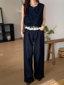 DAZY 女士夏季圆领蕾丝拼接无袖开衫背心配直筒牛仔裤休闲套装 - 深色水洗藍 - 查看 7