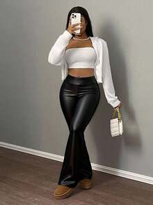 Slaydiva 大码女式音乐节PU皮革休闲百搭高腰裤 - 黑色 - 查看 7