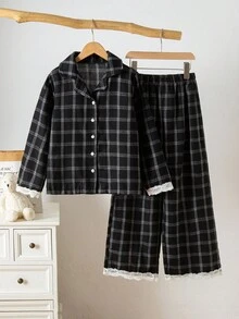 2 件大女孩复古黑白格子蕾丝边开衫上衣和宽松裤子休闲家居服套装，秋冬 - 彩色 - 查看 3